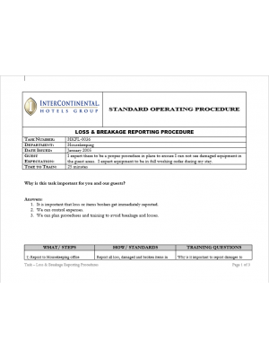 [SOP] Intercontinental Group - Housekeeping Floor - Loss & breakage reporting procedure